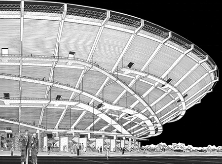 Vista en perspectiva del stadium «sin estructura». Fuente: Architectural Forum, diciembre de 1950, p. 88.
