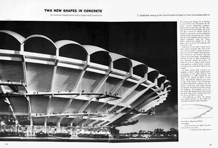 Vista de las dos primeras páginas del artículo que contiene la segunda versión del stadium «sin estructura». Fuente: Architectural Forum, noviembre de 1956, pp. 124-125.
