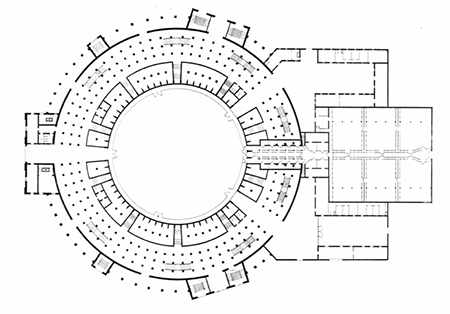 Planta baja de la plaza de toros Monumental de las Ventas, en Madrid, 1934. Fuente: Revista Nacional de Arquitectura, 1949, número 93, p. 419.