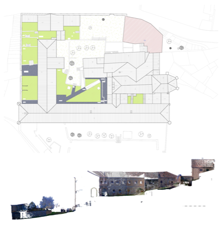 Plano de cubiertas del Convento de Gracia y sección elaborada a partir de nubes de punto mediante escaneado láser. Fuente: Elaboración propia.