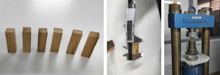 Probetas para ensayos a compresión (izquierda). Calibración de la probeta (centro). Ensayo de compresión paralela a la fibra (derecha). Fuente: Elaboración propia.